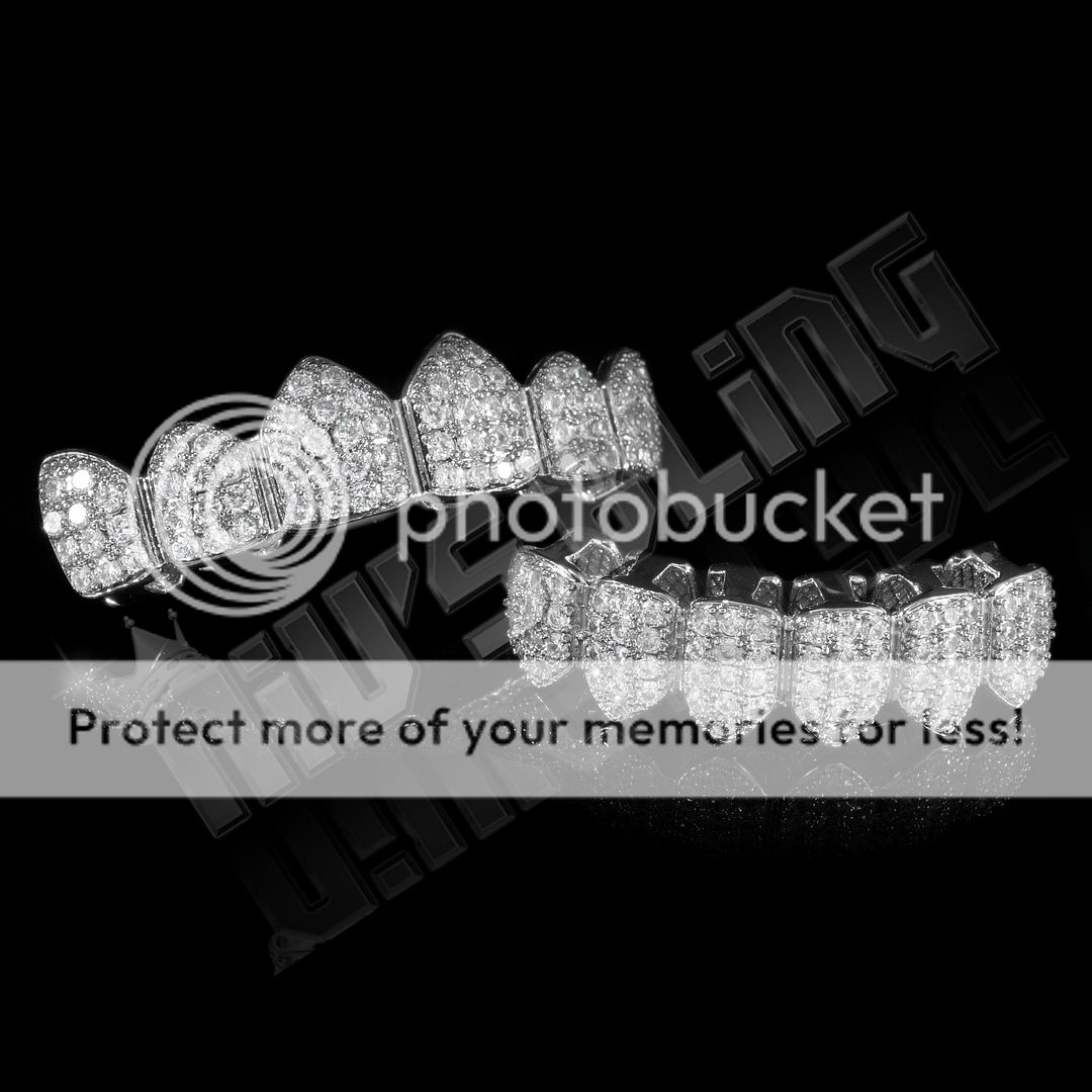 18K White Gold Plated Custom Slugs CZ Top Bottom GRILLZ Teeth Mouth