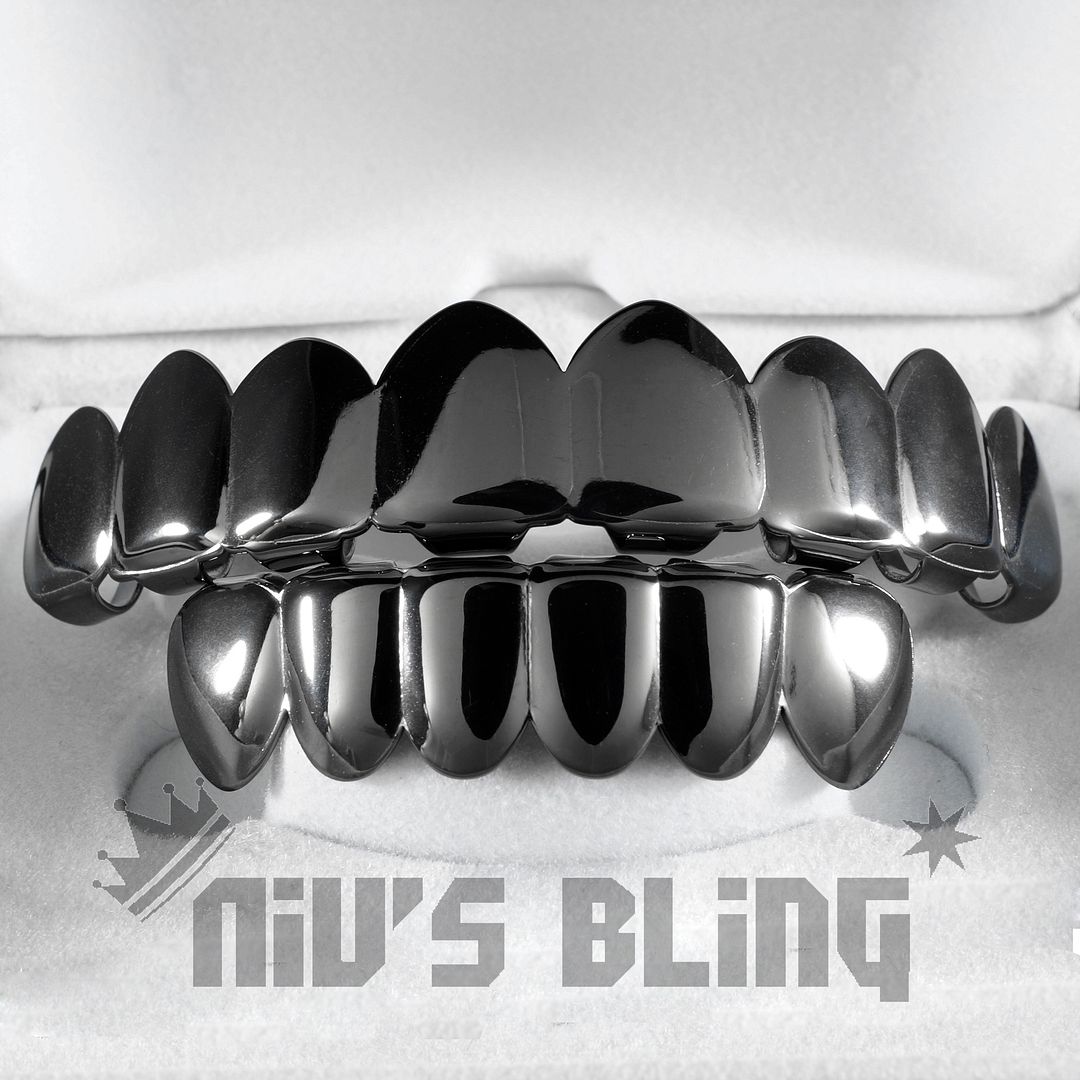 18K Black Gold Plated STAINLESS STEEL GRILLZ 8 Tooth Top and Bottom
