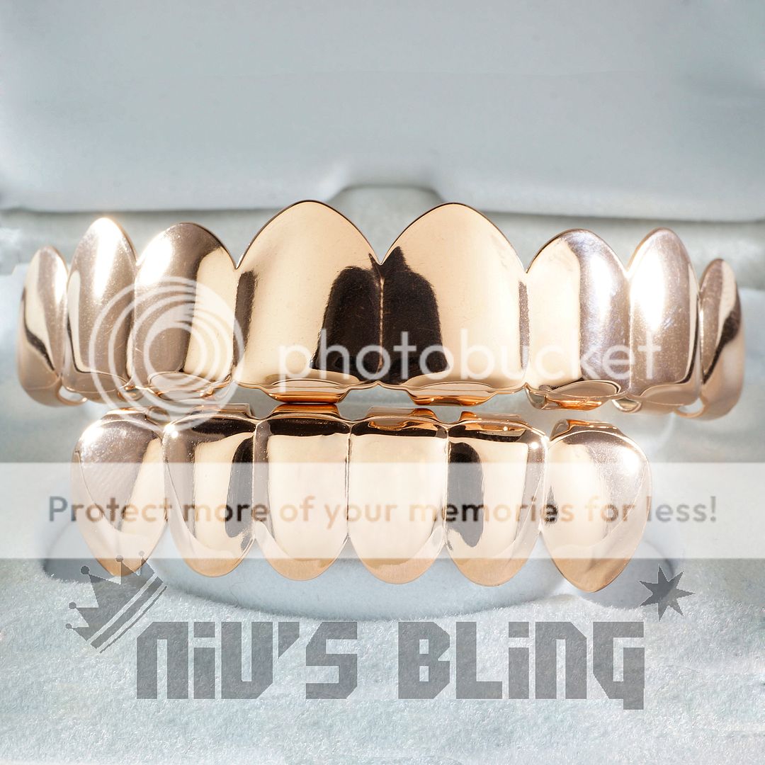 18K Rose Gold Plated STAINLESS STEEL GRILLZ 8 Tooth Top and Bottom Hip