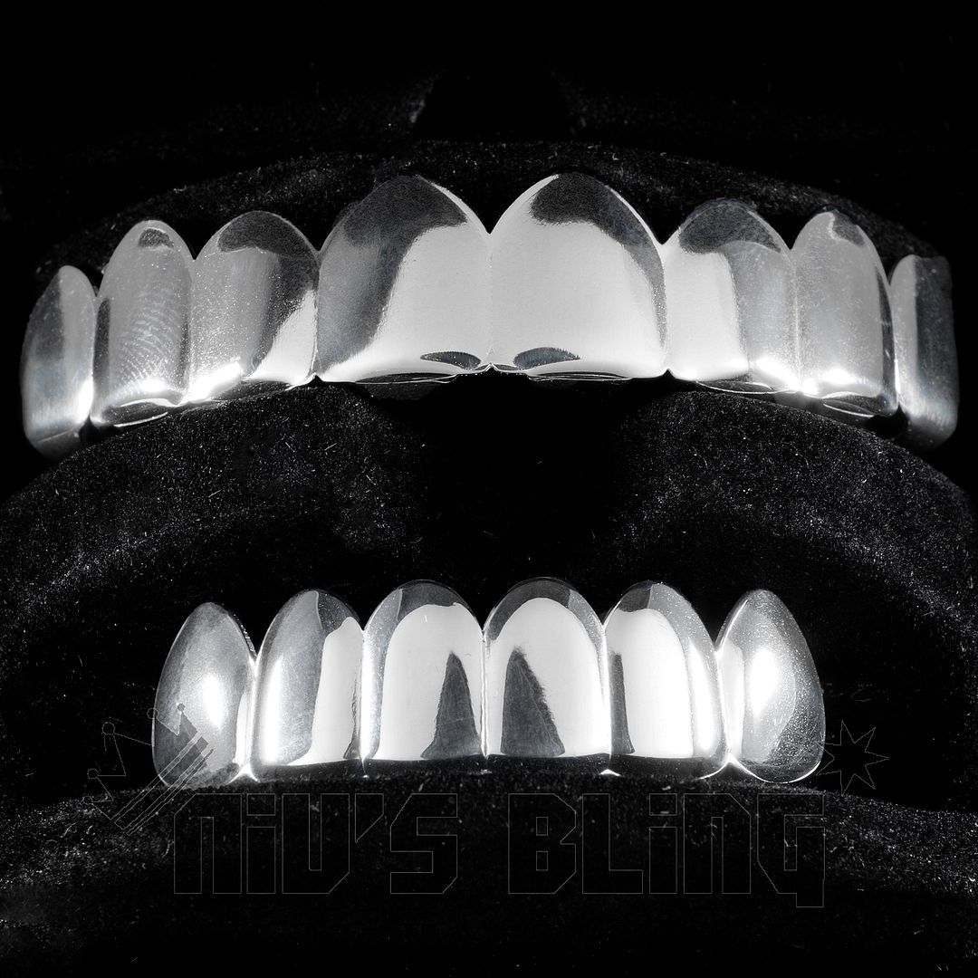 18K White Gold Plated GRILLZ 8 Tooth Top & Bottom Silver STAINLESS