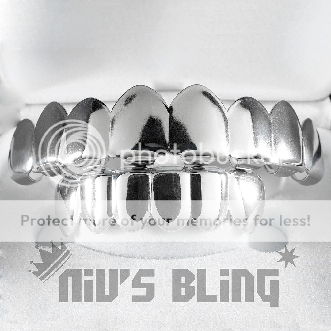 18K White Gold Plated Mouth Teeth JOKER GRILLZ 8 Tooth Top & Bottom