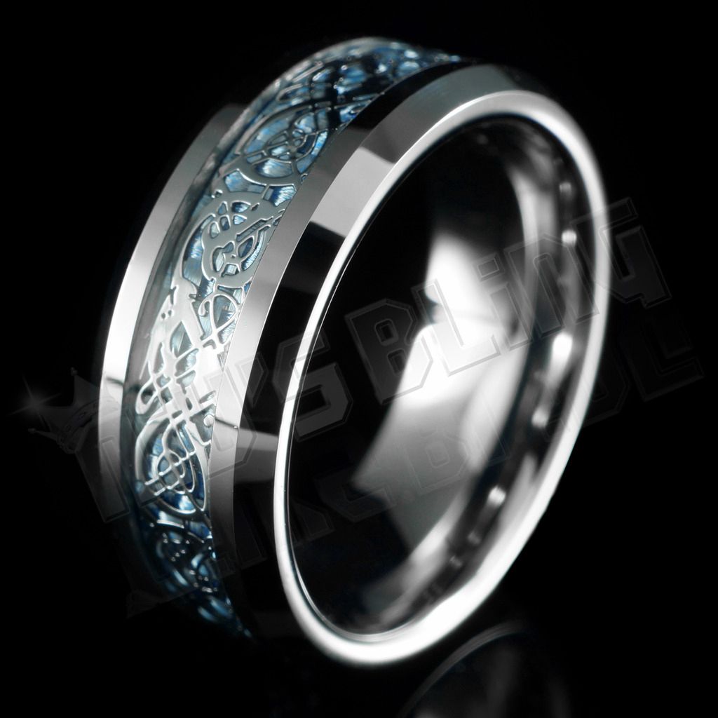Silver Celtic Dragon Tungsten Carbide Blue Carbon Fiber Wedding Band