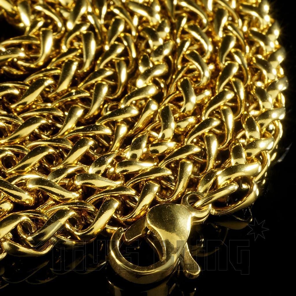 18K IP Yellow Gold 316L Solid Stainless Steel WHEAT BRAIDED CHAIN Link Necklace